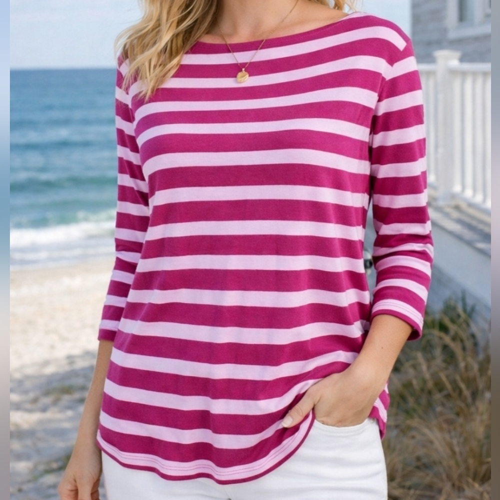 Talbots Size 2X Casual Pink Stripe Nautical Boatneck Cotton Blouse Coastal Chic - Picture 3 of 10